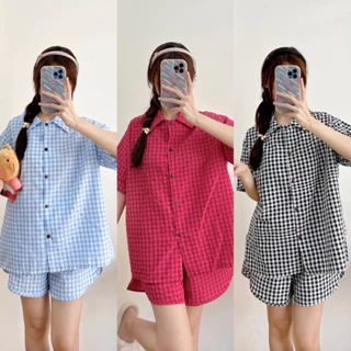 Set pijama kẻ caro cộc tay form rộng khuy gỗ Hàn Quốc, siêu dễ thương freesize