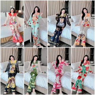 Đồ ngủ Pijama tiểu thư cổ V tay dài thiết kế in 5d nhiều mẫu, chất lụa xước ánh kim mềm, mịn, mát