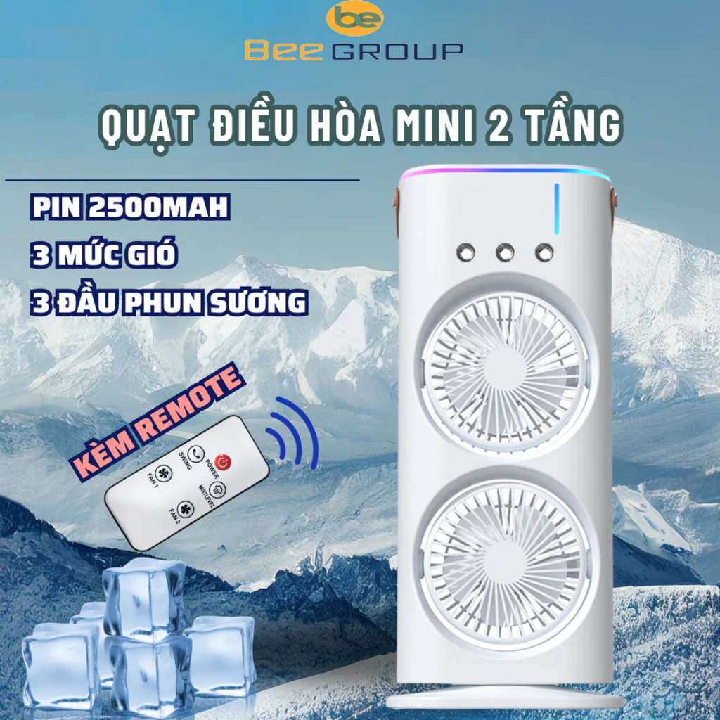Quạt Điều Hòa Phun Sương Tích Điện Điều khiển từ xa Quạt Hơi Nước điều hòa có Đèn LED Với 2 Cánh Gió, 3 Đầu Phun Sương