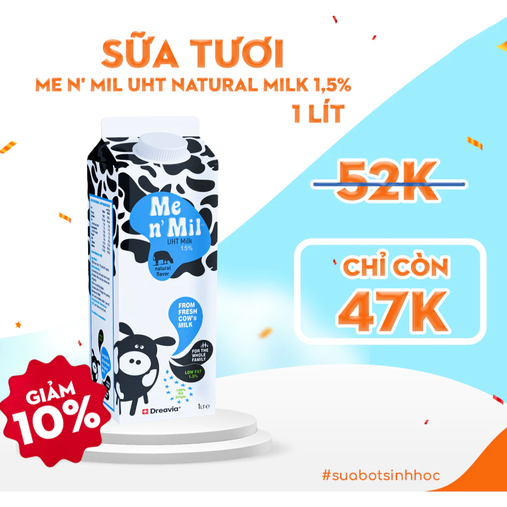 Sữa tươi tiệt trùng Me n' Mil UHT Natural Milk 1,5% 1Lít