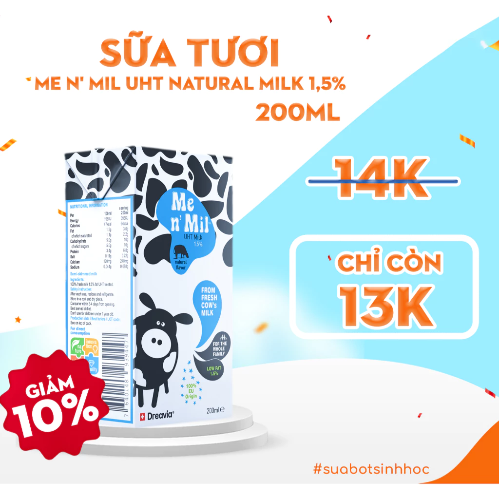 Sữa tươi tiệt trùng Me n' Mil UHT Natural Milk 1,5% 200ml