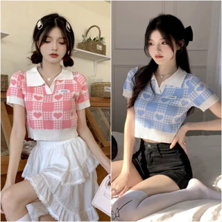 Áo polo croptop len mongtoghi nữ tay ngắn kiểu kẻ sọc caro tim cổ bẻ bo gấu dệt kim đẹp Quảng Châu