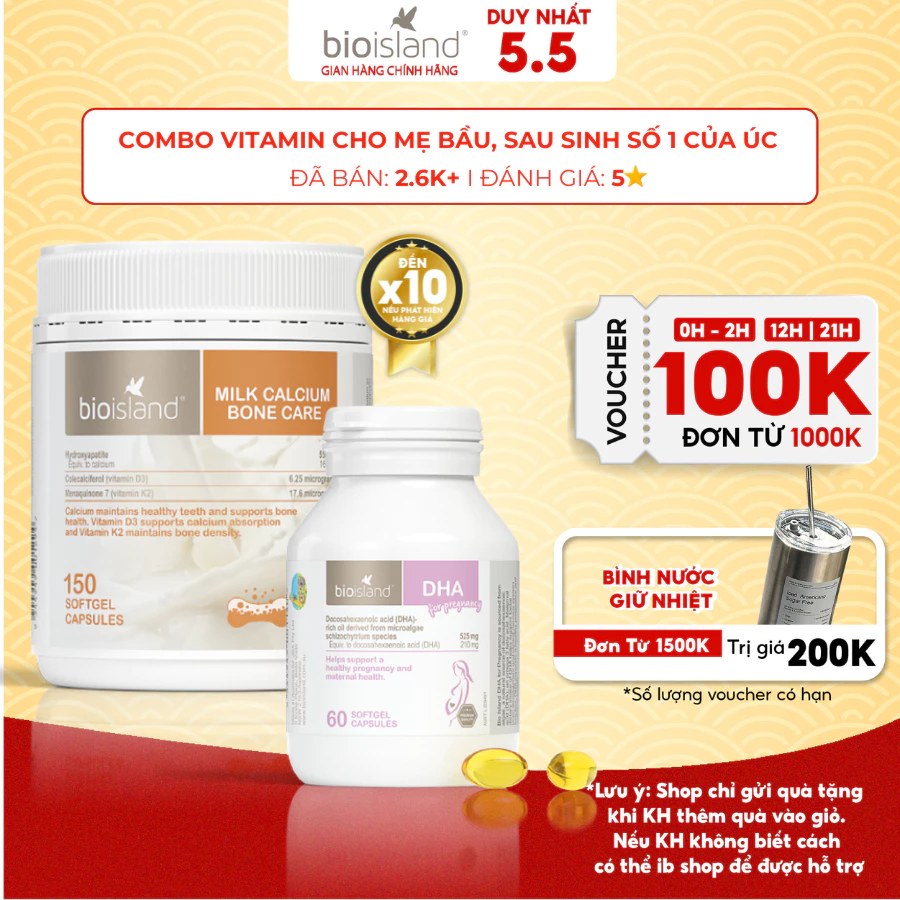 Combo vitamin DHA bầu và canxi sữa hữu cơ Bone Care Bioisland cho mẹ bầu, sau sinh giúp mẹ khỏe bé thông minh