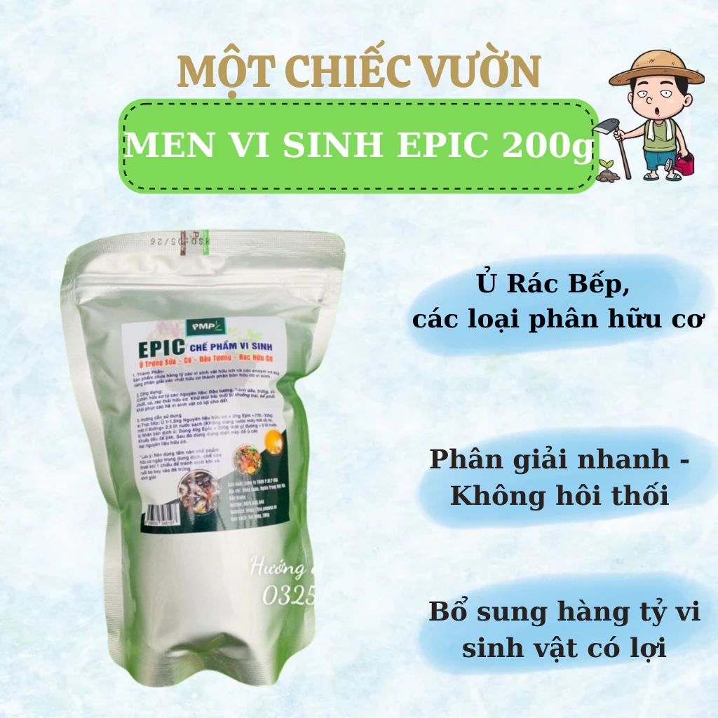 Men Vi sinh Epic PMP 200g Ủ Phân Hữu Cơ Từ Đậu Nành, Trứng, Chuối, Cá, Rác Thải Hữu Cơ