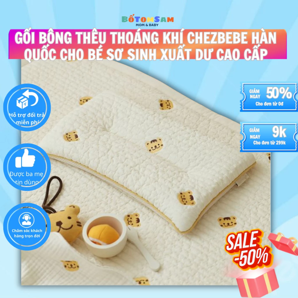 Gối Bông Thêu Thoáng Khí Chezbebe Hàn Quốc Cho Bé Sơ Sinh - Xuất Dư Cao Cấp