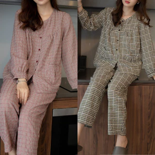 Đồ bộ pijama nhà Lila dài tay áo quần có túi kẻ caro cao cấp mềm mịn, mát khi mặc