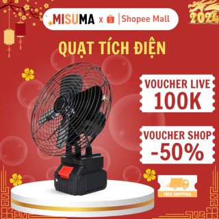 Quạt tích điện đế pin MISUMA dung lượng lớn phổ thông 8 inch, chất liệu thép sơn tĩnh điện, lõi đồng