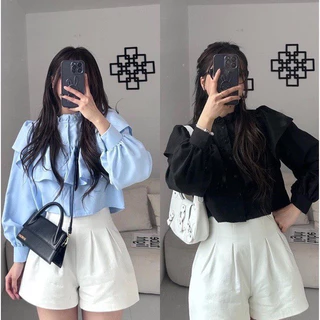 Áo sơ mi croptop bèo tay dài phong cách tiểu thư, Áo sơ mi công sở nữ thiết kế cổ trụ thanh lịch - A284 guuu guu