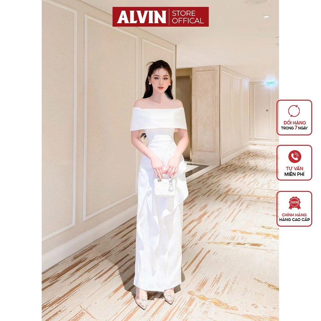 Đầm Dự Tiệc Dáng Dạ Hội Hở Vai Ngang Phối Bèo (KHÔNG KÈM HOA) Alvin Store 2944