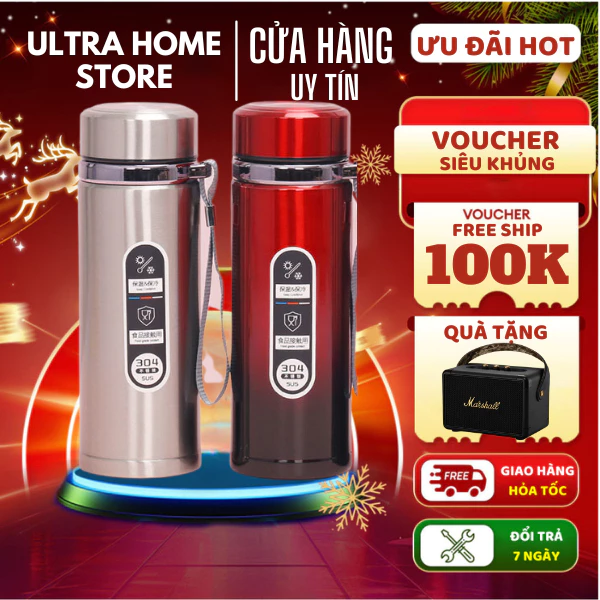 Bình Giữ Nhiệt Inox Pure Healthy Happy Chất Liệu Inox Vỏ Kim Loại Có Quai Xách Tiện Lợi Bảo Hành 1 Đổi 1