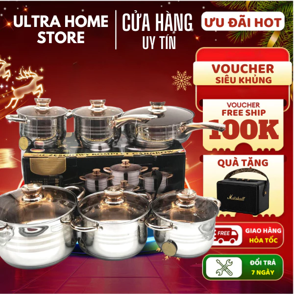 Bộ 6 món nồi Đức 5 đáy chính hãng inox 304 không gỉ Cao Cấp an toàn tuyệt đối cho sức khỏe