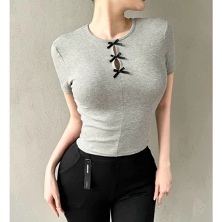 Áo croptop cổ tròn cao đính nơ ANNAKIKI - 148