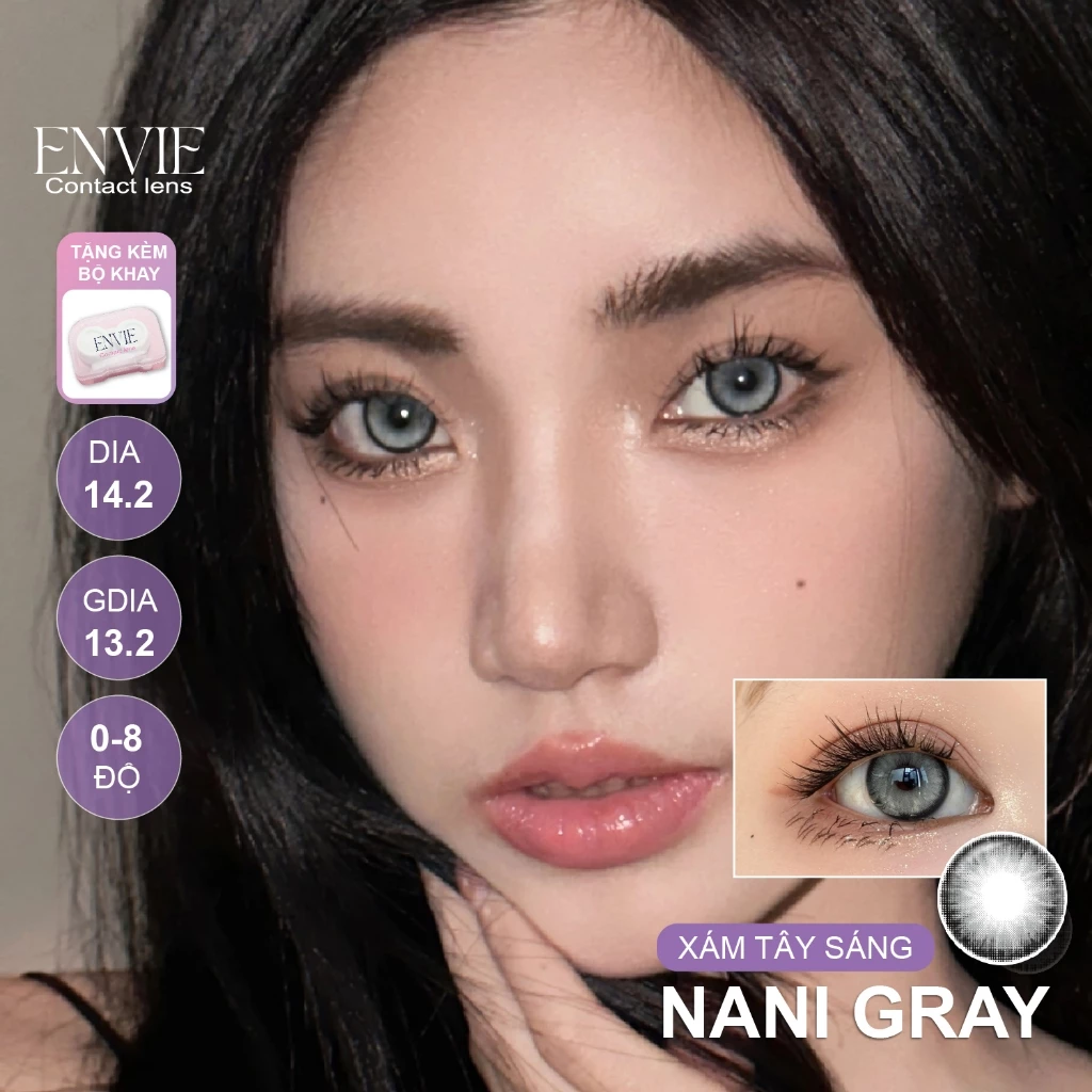 Lens 14.2 0-8 Độ ENVIE Lens Kính Contact Lens Đeo Mắt Dãn To Tròn Áp Tròng Không Cận Loạn Màu Xám Tây Nani Gray 14.2