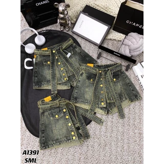 Quần giả váy nữ ELWYN (tặng kèm đai) quần short jean nhiều khuy cạp cao tôn dáng màu xanh dơ vàng size S M L 1391