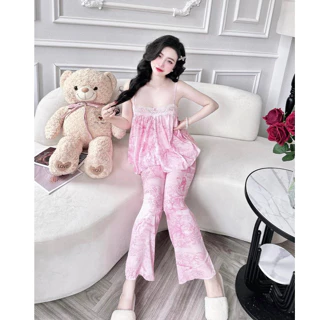 Đồ bộ mặc nhà Olici pyjama nữ áo 2dây quần dài đồ ngủ nữ sexy chất lụa cao cấp.