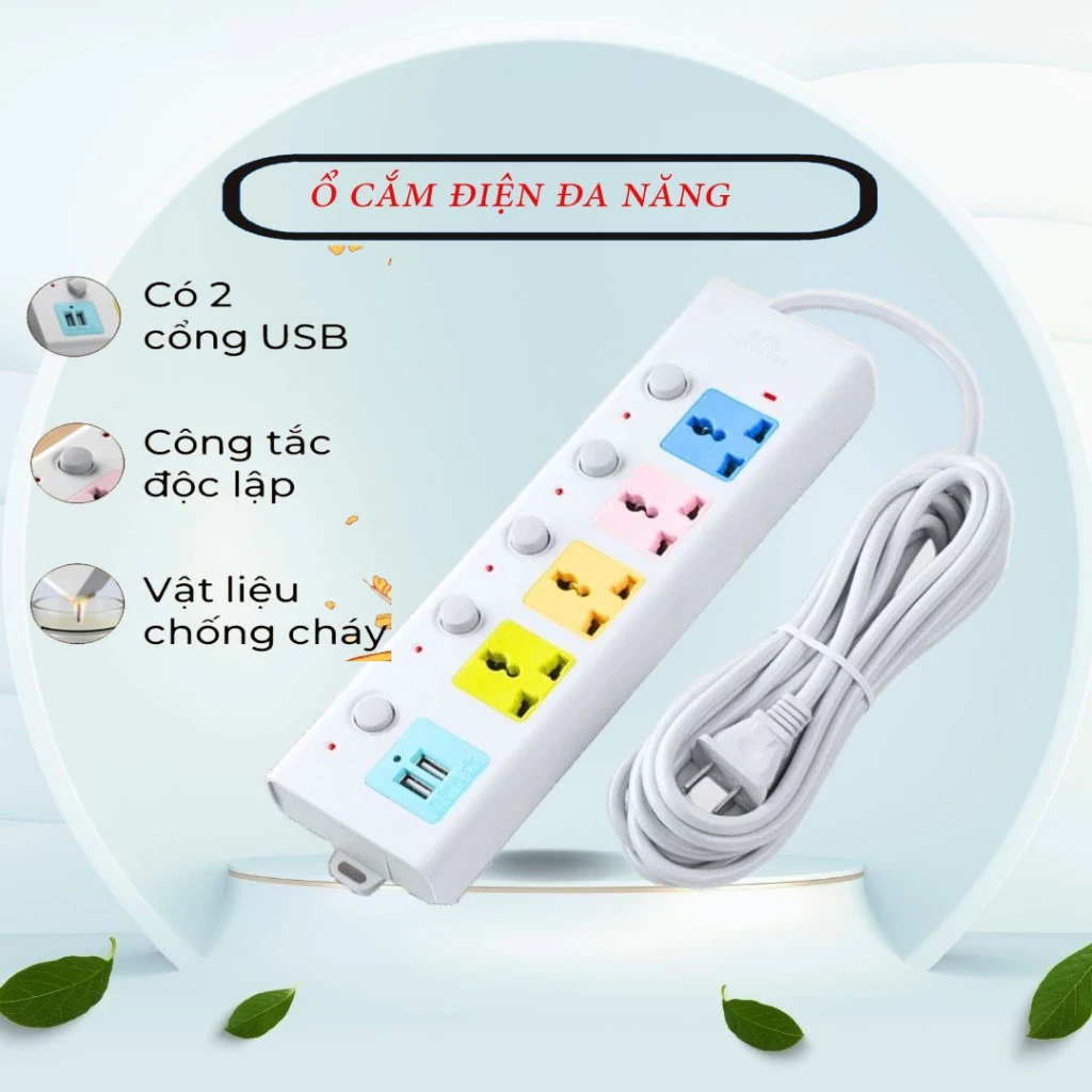 Ổ Cắm Điện USB Đa Năng Cao Cấp Chống Giật 2 Cổng Cắm USB Công Suất 2500W Có Chốt An Toàn Tiện Dụng