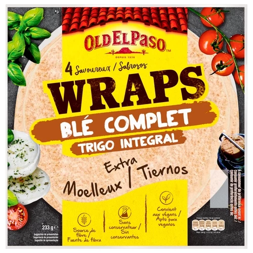 Vỏ Bánh Tortillas Nguyên Cám Thuần Chay Old El Paso Vegan Tortilla Wraps Wholegrain, Túi 233g (4 Vỏ Bánh)