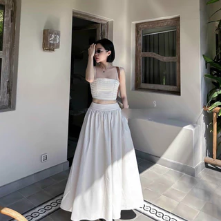 Set áo crop xếp nhúng thun sau + chân váy xoè