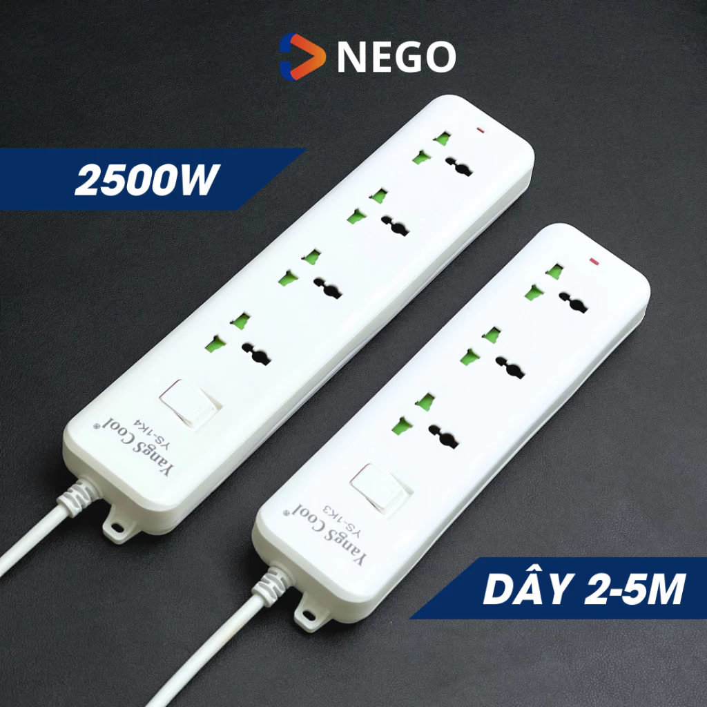 Ổ cắm điện chống giật chống cháy an toàn Nego lõi đồng chịu tải 2500w dây 3m phích cắm 2 chấu tròn cao cấp OD30E