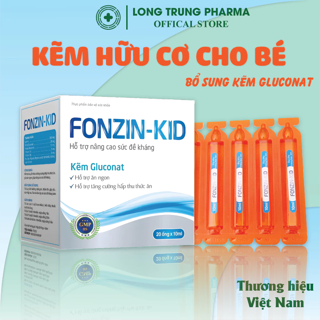 Kẽm Hữu Cơ Cho Bé Fonzin Kid (Fonzinkid) - Giúp Bé Tăng Sức Đề Kháng, Kích Thích Ăn Ngon, Hấp Thu Tốt (Hộp 20 ống siro)