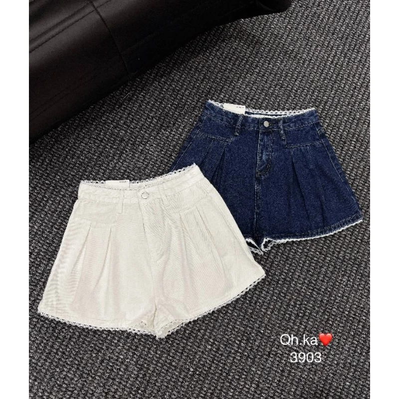 Quần short jean viền ren cạp, gấu