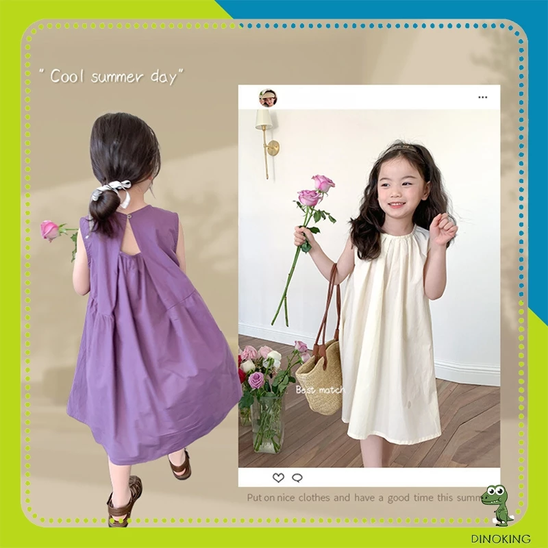 Váy suông bé gái DINOKING Váy sát nách cho bé gái mùa hè chất thô cotton mềm mịn thoáng mát Đầm trẻ em 2 - 8 tuổi VA44