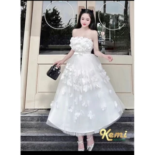 Đầm maxi dáng dài phối nơ xinh tùng xòe ren lưới đính hoa thanh lịch Kemi, váy đi tiệc, dạ hội cô dâu