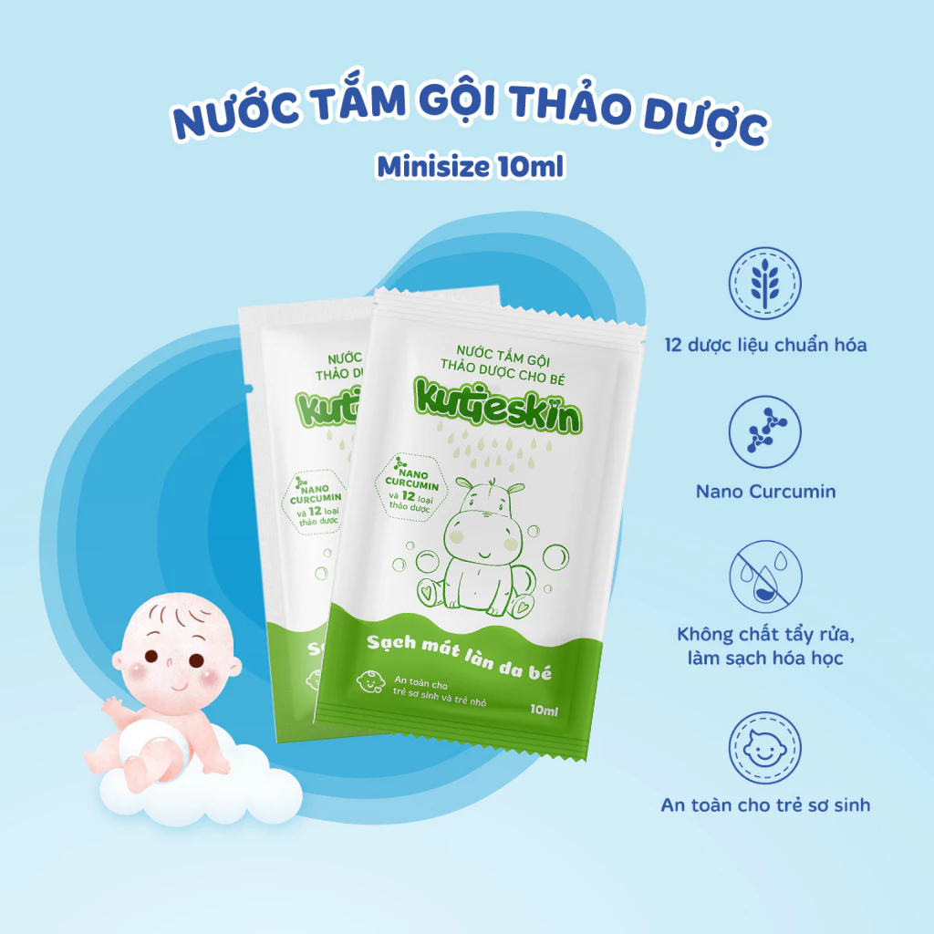 Nước tắm, sữa tắm thảo dược Kutiesskin dạng gói 10ml cho bé