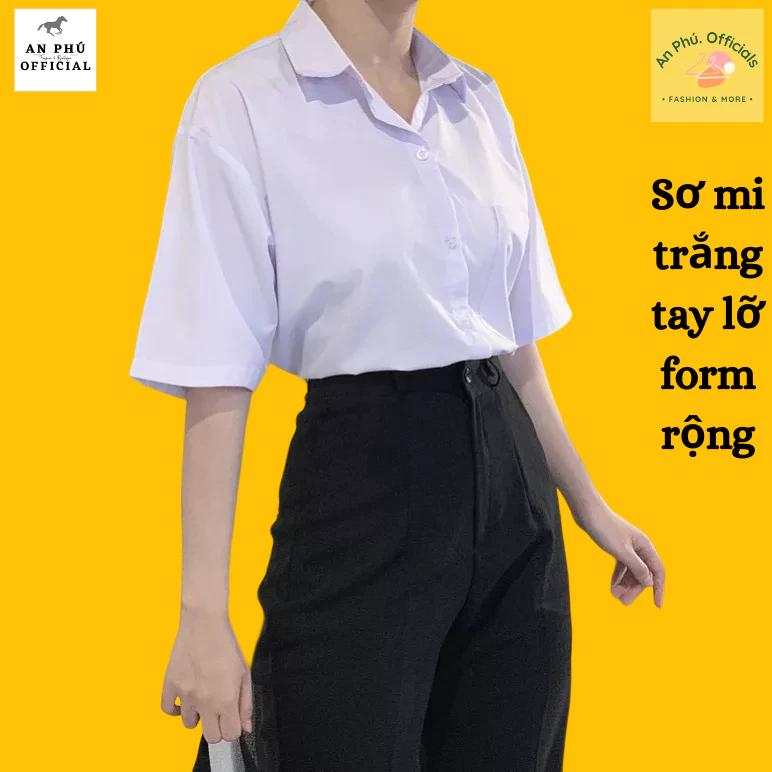 Áo Sơ Mi Nữ form rộng tay ngắn lỡ kiểu dáng basic màu trắng dáng suông style đi học sinh viên