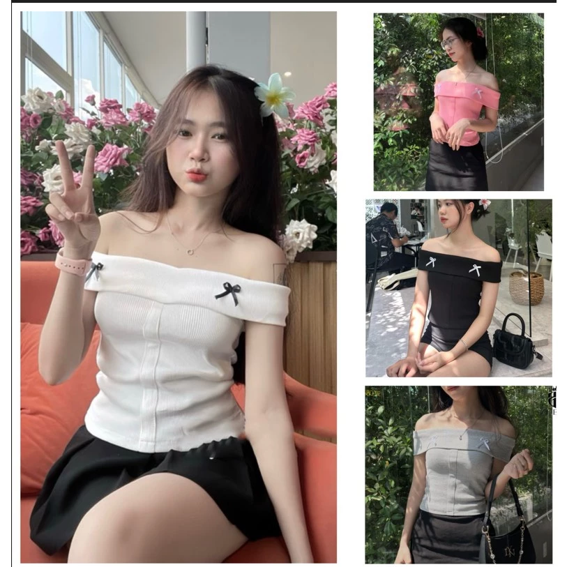 Áo Croptop Trễ Vai Đính Nơ, Áo Ôm Body Kiểu Nơ Dáng Ngắn Basic Phong Cách Dễ Thương Lanvender Fashion