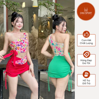 Đồ tập Gym Aerobic 💖 𝑭𝑹𝑬𝑬𝑺𝑯𝑰𝑷 💖 Váy đi biển nữ áo bra hoa kèm mút chân váy 2 lớp rút dây chất co giãn-VAY06