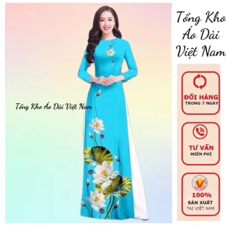 Áo dài in 3D hoạ tiết hoa sen,màu xanh thanh lịch -  Tổng Kho Áo Dài Việt Nam Dress