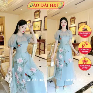 [Giao 2h HCM] Áo dài cách tân màu tay thiết kế tay ngắn chất tơ phối voan, họa tiết đính kết 3D -  Áo Dài H&T