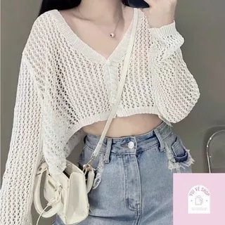 Áo Khoác Cardigan Lưới, Khoác Len Dệt Kim Dáng Ngắn Khuy Trái Tim Cổ V Thời Trang Nữ Hàn Quốc / Vui Vẻ Shop