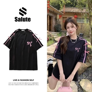 Local brand Áo phông đen nữ  100% cotton Salute fashion form rộng cổ trònáo thun outerity Y1084