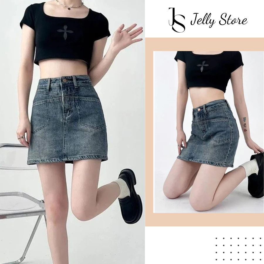 [Xả 50k] Chân Váy Jean Ngắn Chữ A Lưng Cao Cá Tính Có Quần Bảo Hộ Cho Nữ The Jelly A002