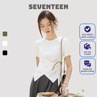 Áo Thun Nữ SEVENTEEN  Áo Thun Trơn Cổ Tròn Nhún Eo Vạt Chéo Chất Cotton Co Giãn Tôn Dáng Top Women