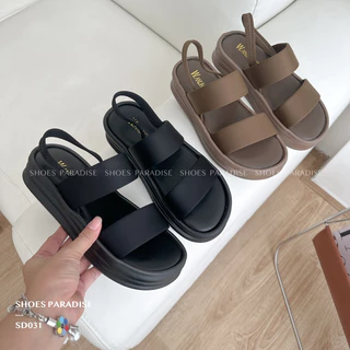 Giày sandal hai quai đế bằng Shoes Paradise da mềm quai thun chắc chắn, giày bánh mì cao 3cm màu đen, nâu SD031