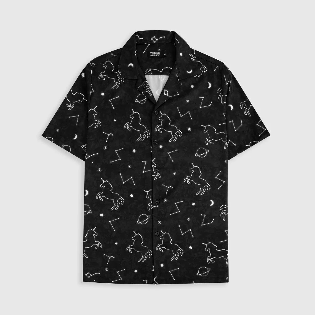 Áo sơ mi TOPGU họa tiết Kỳ Lân Unicorn, Cuban shirt vải lụa thoáng mát Menswear Nam