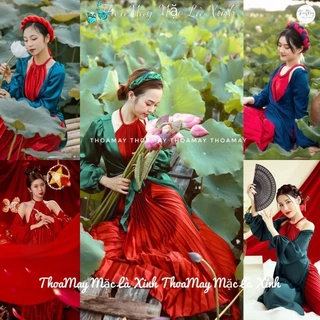 Áo yếm tết truyền thống, chụp sen ảnh nghệ thuật chất liệu phi lụa dập ly kèm áo choàng lụa tây thi đỏ yd1