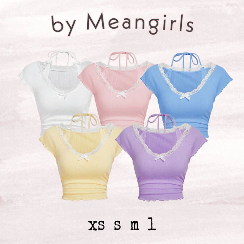 Meangirl~ (bigsize37-80kg) Áo Thun Gân Tay Ngắn Dáng Croptop Phối Viền Ren Đính Nơ Dây Cột