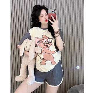 Sét Bộ Đùi Nữ Chất Cotton Su From Rộng Tay Lỡ_Mèo Yely