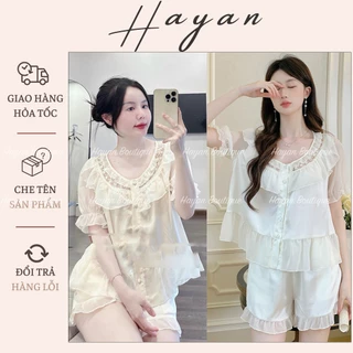 HT666 Bộ pijama lụa phối ren cổ tròn tay bo sang chảnh, set đồ ngủ LYLY tiểu thư tôn dáng HT666