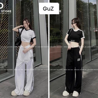 Set áo croptop CBK quần ống suông , Set bộ nữ áo croptop bo chun nhẹ quần kẻ phong cách Ullzang Hàn Quốc Guzfashion