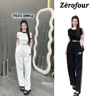 Set áo croptop quần suông kẻ 3 sọc cá tính, Set bộ freesize nữ áo croptop bo chun hottrend Ullzang Hàn Quốc Zerofour_vn