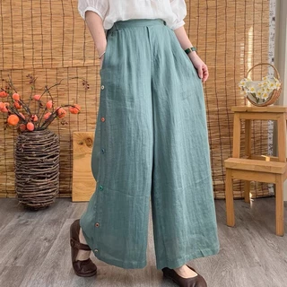 Quần Suông Ống Rộng Cạp Cao ( có bigsize 40-75kg) chất Linen co giãn mịn mát-XMHH-Mã 16