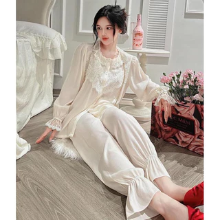 [𝐑𝐞̉ 𝐯𝐨̂ đ𝐢̣𝐜𝐡] Set đồ ngủ pijama cổ tròn phối ren chất lụa latin sang xỉu