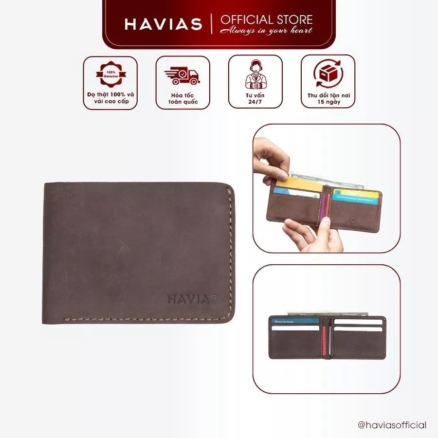 Ví Da HAVIAS Da Bò sáp thật nhập khẩu dáng ngang gập đôi ví da nam nữ mini VINCLASS2