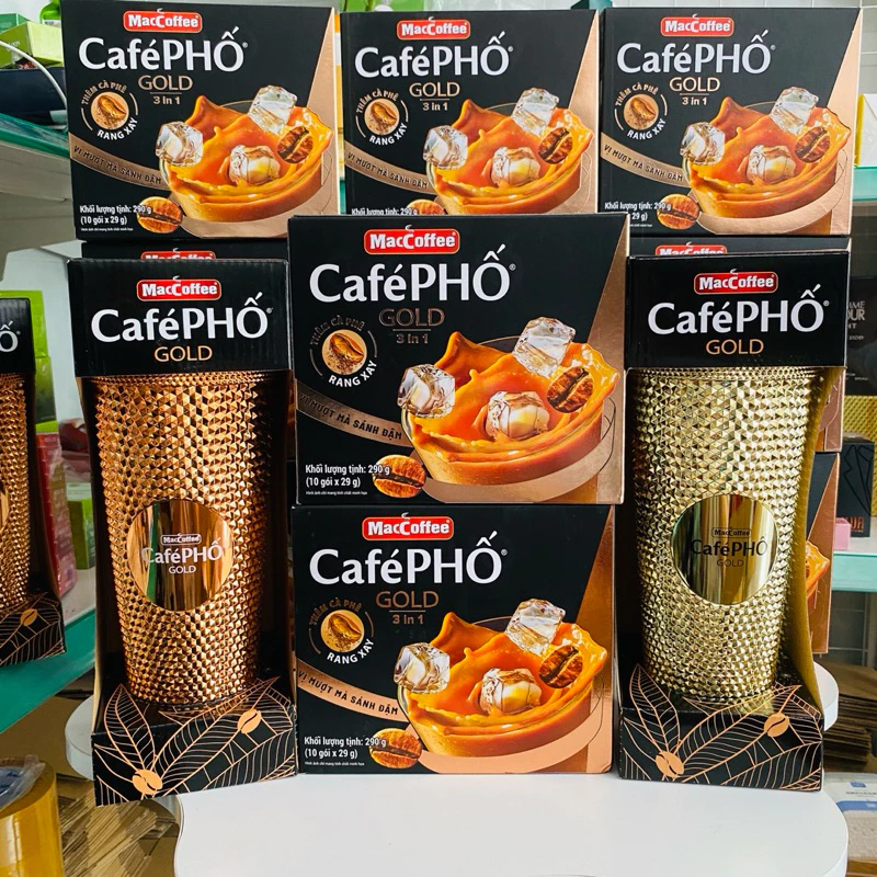 Hộp Cà phê Phố sữa đá GOLD - MacCoffee (hộp 10 gói x 28g) combo 2 hộp + ly kim cương