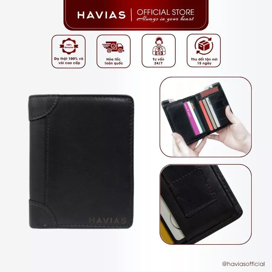 Ví Da HAVIAS Da Bò Nappa thật 100% dáng đứng gập đôi thủ công nhiều màu ví da nam nữ LAFFY